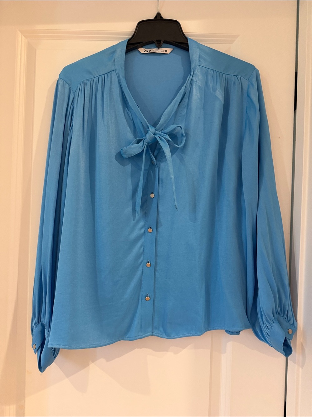 Zara Sky-Blue Tie-Neck Button Blouse